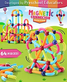 Intelliskills Premium Child-Safe 64 Pieces Magnetic Building Sticks & Balls Construction Set | Non-Toxic | High-Quality & Durable | STEM Learning | BIS Certified | Educator Recommended | For Gifting