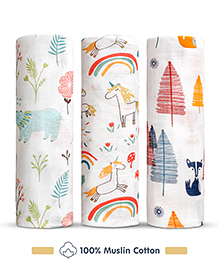 Babyhug Cotton Muslin Multipurpose Swaddle Wraps Unicorn Print Pack of 3 - Multicolour