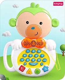 Babyhug&nbsp;Musical Monkey Telephone Learning Toy|Lights & Music|Role Play Phone Toy for Kids|Numbers|Shape & Color Recognition|Animal Names & Sounds|Math Quizzes|Addition & Subtraction|Green -12 Months+