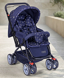 Babyhug Comfy Ride Stroller With Reversible Handle - Dark Blue| Reclining Seat| Adjustable Foot Rest| Padded Cushion| Swivel Lock and Brake| Removable Mosquito Net| Adjustable Canopy| Storage Basket