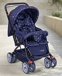 Babyhug Comfy Ride Stroller With Reversible Handle - Dark Blue| Reclining Seat| Adjustable Foot Rest| Padded Cushion| Swivel Lock and Brake| Removable Mosquito Net| Adjustable Canopy| Storage Basket
