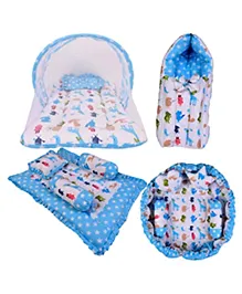 Babytoons New Born Designer Mattress with Net | Baby Sleeping Bag | 4Pcs Bedding Set | 1 Nest with Pillows (0-12 Months) Blue