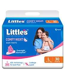 Little's Baby Diapers L Size (Large) Pants Style | 9-14 kg | 30 Count | Comfy Night Baby Diaper Pants with Leakage Guard & Upto 12 Hours Absorption (30 Count, Pack of 1)