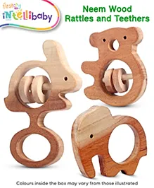 Intellibaby Premium Neem Wood Jungle Theme Baby Rattles & Teether Set | Child-Safe Wood | Multi-sensory Development Toy | Non-Toxic Teething Relief | Enhances Hand-Grip & Motor Skills | Growth & Development | ASTM, CE & BIS Approved