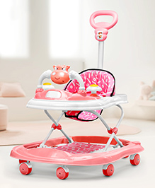 -Baby Dino Musical walker with Adjustable Height Parental Handle Foot Mat & Musical Activity cum Feeding Tray Detachable Cushioned Seat 360&deg; Rotational Wheels -Pink