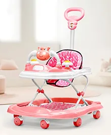 -Baby Dino Musical walker with Adjustable Height Parental Handle Foot Mat & Musical Activity cum Feeding Tray Detachable Cushioned Seat 360&deg; Rotational Wheels -Pink