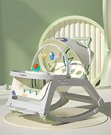 Babyhug New Born to Toddler 5 in 1 Baby Rocker cum Booster Seat with Multi Position Reclining chair I Removable Meal Tray I Hanging Toys & Music - Light Green