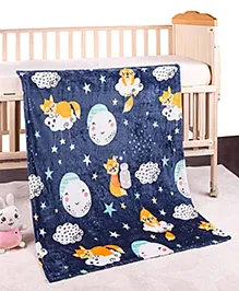 Babyhug Lightweight Single Ply Mink Blanket Cute Fox Print - Navy Blue