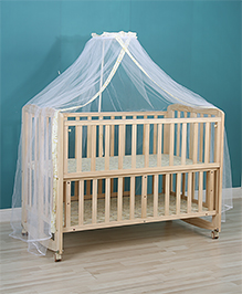 5 in 1 Foldable Baby Cot with Rocking Function, Parent Bed Attachment, Study Table, Storage, Mosquito Net & Foldable Design - Non-Toxic Finish - Sustainable New Zealand Pinewood - Convertible & Space-Saving - Ideal for 0 to 3 Years - Beige