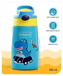 Babyhug Stainless Steel Insulated Sipper Bottle Dino Print Blue  - 350 ml| Soft Silicon Spout| 304 Grade SS| Hygienic Flip Cap| Stylish Handle| Odar Free