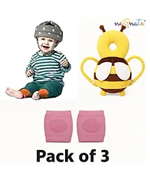 NeonateCare Baby safety Combo of Baby Helmet and Baby Head Protector with knee pads (Grey star and Yellow Head protector and Knee pads) (pack of 3)