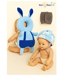 NeonateCare Baby safety Combo of Baby Helmet and Baby Head Protector Cushion Backpack with knee pads (Blue Smiley Helmet + Blue rabbit Head protector + knee pads) (pack of 3)