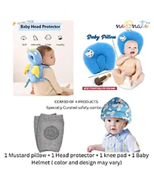 NeonateCare Baby Helmet(Blue Smiley) Baby Head Protection Cushion Backpack(blue feathers)With Knee pad(multicolor) and Mustard Pillow ( blue kitti printed) pack of 4 utility items