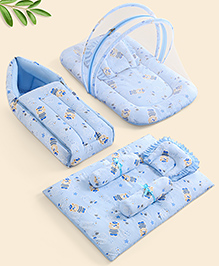 ZOE Bedding Set, Sleeping Bag & Mosquito Net Gadda Combo Set of 3 Bear Print |Mushroom Print |Lightweight |Polycotton - Blue