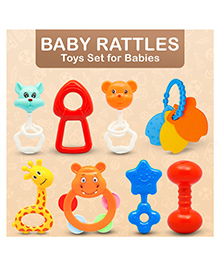 FUNVERSE Infant Colourful Plastic Non Toxic Set Of 8 Attractive Rattles And Teathers For New Borns, Baby,Kid (Multi Color)
