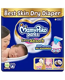 MamyPoko Pants Extra Absorb Baby Diapers, New Born (NB size) | 0-5 kg | 99 Count |Deep Sleep Diapers| Soft gentle fit |Deep Absorbent Crisscross | skin friendly with coconut oil |