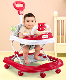 Baby Dino Musical walker with Adjustable Height Parental Handle Foot Mat & Musical Activity cum Feeding Tray Detachable Cushioned Seat 360&Acirc;&deg; Rotational Wheels -Red