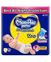 Mamypoko pants All night absorb| Pant Style Baby Diapers Small Size(S), 90 Count, Ideal for 4-8Kgs|+50% wider and repeated absorption for all night 12hr protection from leakage, prevents heaviness.