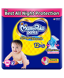 Mamypoko pants All night absorb| Pant Style Baby Diapers Medium Size(M), 72 Count, Ideal for 7-12Kgs|+50% wider and repeated absorption for all night 12hr protection from leakage, prevents heaviness.