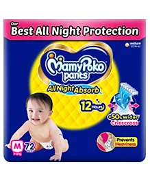 Mamypoko pants All night absorb| Pant Style Baby Diapers Medium Size(M), 72 Count, Ideal for 7-12Kgs|+50% wider and repeated absorption for all night 12hr protection from leakage, prevents heaviness.