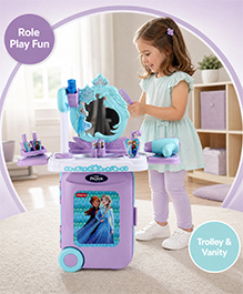 Babyhug Disney Frozen Theme Pretend Play Makeup Trolley Set with Briefcase and Accessories| Cosmetic Set 2 in 1 Vanity Table | Beauty Make Up Trolley Set with 22 pieces & 2 Sticker - Lilac