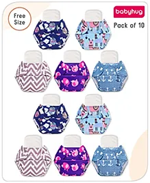 Babyhug Free Size Reusable Printed Cloth Diaper with Inserts Pack of 10 - Multicolour