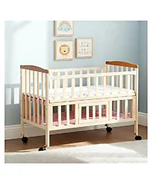Furnifest Wooden Cot Crib with Mattress and Mosquito Net for 0 to 3 years - Beige| Wheels with Lock| Large Storage Space| Bed Height Adjustable | Openable Side Rail| Folding Headboard | Convert to Study Table | Attach to Parent Bed