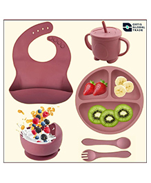 Ortis 6 Pcs Silicone Baby Feeding Set, BPA Free & Microwave Safe Dinner Tableware Kit - Feeding Bowl, Suction Plate, Cup, Spoon, Fork & Bib for Kids (Pink)