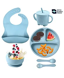 Ortis 6 Pcs Silicone Baby Feeding Set, BPA Free & Microwave Safe Dinner Tableware Kit - Feeding Bowl, Suction Plate, Cup, Spoon, Fork & Bib for Kids (blue) 