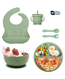 Ortis 6 Pcs Silicone Baby Feeding Set, BPA Free & Microwave Safe Dinner Tableware Kit - Feeding Bowl, Suction Plate, Cup, Spoon, Fork & Bib for Kids (green) 