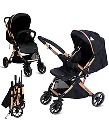 Infantso GlideX Baby stroller / Pram for new born, kids with Safety Harness Belt, Large Storage Basket, Reversible Handle, Folding with one hand, Shock Absorption Wheels, Lightweight Baby Stroller for 0 to 3 Years (Golden Black)