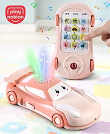 Play Nation 2-in-1 Educational Car Shaped Telephone Toy for Kids with Projector, Lights & Sounds|Number Learning, Sensory & Motor Skills Development|Pretend Play Fun|BIS|Beige & Ivory