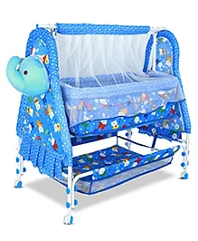 BUBBLEBABY Premium Baby Elephant Cradle With Mosquito Net All 360 Rotating Wheels With Wheel Lock Storage Basket - Blue