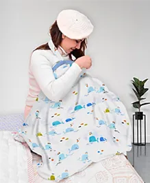Mom's Home Whale Printed Cotton Muslin Nursing Cover For Breastfeeding | Feeding Apron - Blue & White