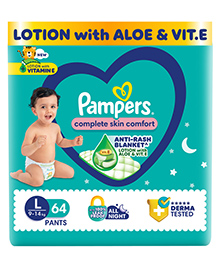 Pampers Complete Skin Comfort Pants, Anti-rash blanket, Lotion with Vitamin E & Aloe Vera,   Large size baby Diapers, (L) 64Count, 9-14 kg