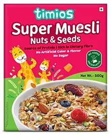 timios Super Muesli Nuts & Seeds  High Protein | Rich in Dietary Fibre | No Added Sugar | No Artificial Colors or Flavors | No Preservatives - 500 g
