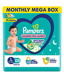 Pampers Complete Skin Comfort Pants, Anti-rash blanket, Lotion with Vitamin E & Aloe Vera,  Large size baby Diapers, (L) 128Count, 9-14 kg