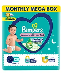 Pampers Complete Skin Comfort Pants, Anti-rash blanket, Lotion with Vitamin E & Aloe Vera,  Large size baby Diapers, (L) 128Count, 9-14 kg