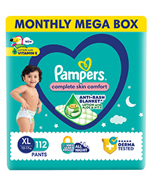 Pampers Complete Skin Comfort Pants, Anti-rash blanket, Lotion with Vitamin E & Aloe Vera,  Extra Large size baby Diapers, (XL) 112 Count, 12-17 kg