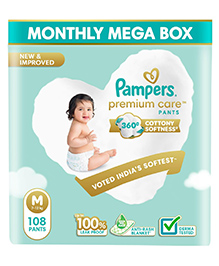 Pampers Premium Care Pants, Medium size baby diapers (M), 108 Count, Softest ever Pampers pants