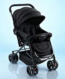 Babyhug Symphony Stroller With Reversible Handle & Mosquito Net- Black| Multi-Reclining Seat| Adjustable Legrest| Storage Basket| Linked Brake| Peek-a-boo Window| Padded Cushion| Lockable Swivel Wheel