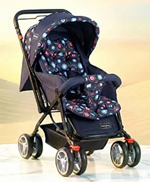 Babyhug Comfy Ride Stroller With Reversible Handle - Dark Navy Blue| Reclining Seat| Adjustable Footrest| Padded Cushion| Swivel Lock & Brake| Removable Mosquito Net| Adjustable Canopy| Storage Basket