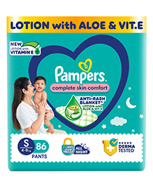 Pampers Complete Skin Comfort Pants, Anti-rash blanket, Lotion with Vitamin E & Aloe Vera, Small size baby Diapers, (s) 86 Count, 4-8  kg