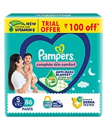 Pampers Complete Skin Comfort Pants, Anti-rash blanket, Lotion with Vitamin E & Aloe Vera, Small size baby Diapers, (s) 86 Count, 4-8  kg