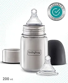 Babyhug Stainless Steel Feeding Bottle - 200 ml| Sterilizable| BPA Free| Leak Resistant| 304 Grade| Anti-Colic| Newborns & Toddlers| Corrosion Resistant| Use as Water Bottle| Wide Neck