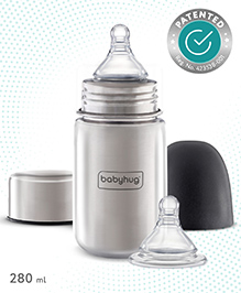 Babyhug Stainless Steel Feeding Bottle - 280 ml| Sterilizable| BPA Free| Leak Resistant| 304 Grade| Anti-Colic| Newborns & Toddlers| Corrosion Resistant| Use as Water Bottle| Wide Neck
