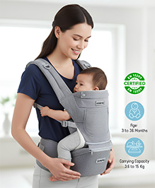 Babyhug Harmony 9-in-1 Ergonomic Baby Carrier with Hip Seat: Breathable fabric, Detachable hood, Padded straps, Pocket storage, and 9 carrying positions for babies up to 15 kg-Grey