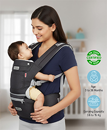 Babyhug Harmony 9-in-1 Ergonomic Baby Carrier with Hip Seat: Breathable fabric, Detachable hood, Padded straps, Pocket storage, and 9 carrying positions for babies up to 15 kg-Black