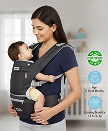Babyhug Harmony 9-in-1 Ergonomic Baby Carrier with Hip Seat: Breathable fabric, Detachable hood, Padded straps, Pocket storage, and 9 carrying positions for babies up to 15 kg-Black