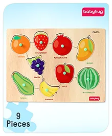 Babyhug Premium 9 pcs Wooden Board Fruit puzzle for Toddlers| Montessori Educational and Learning Toy | Shape Matching Puzzle |Preschool Colorful Knob and Peg Puzzle| BIS Certified| 18+ months